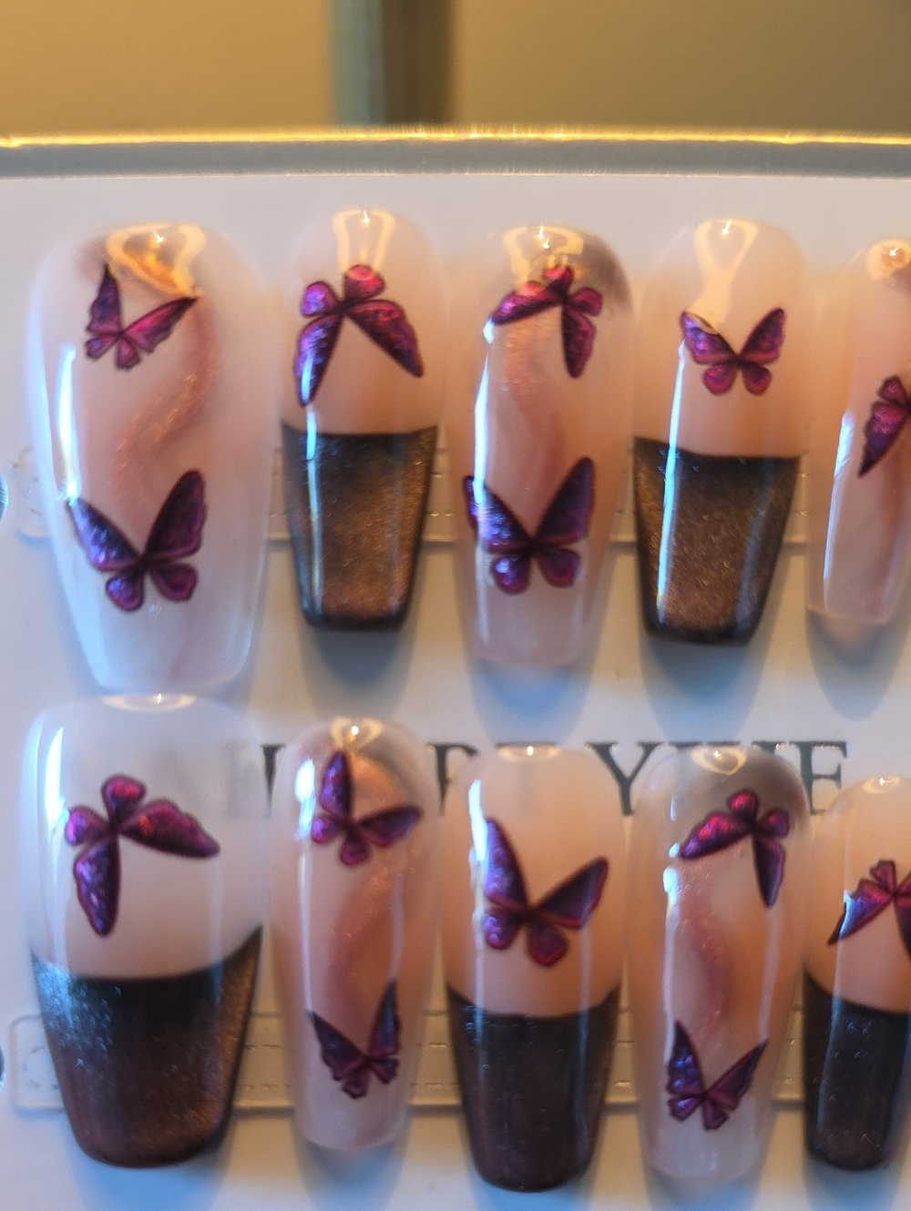 Purple Butterfly Press-On Nails - Nude & Purple Glitter French Tips Size Large